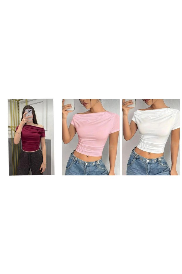 Advantageous Pack of 3 Burgundy, Pink, Cream Women's Off Shoulder Viscose Blouse with Pleat Detail
