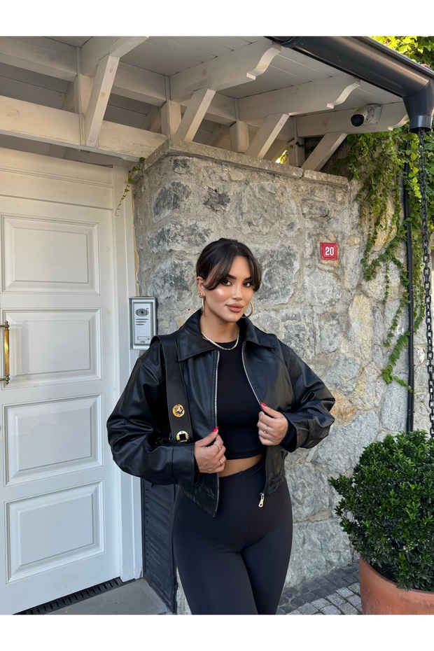 سترة جلدية سوداء بومبر - 5