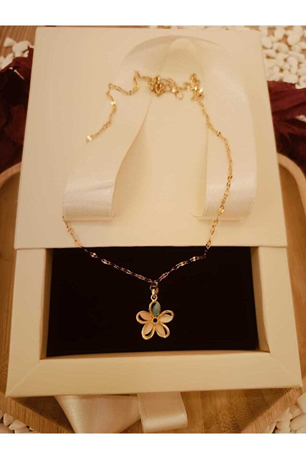 Pembe-mavi çiçek model çelik kolye - 1