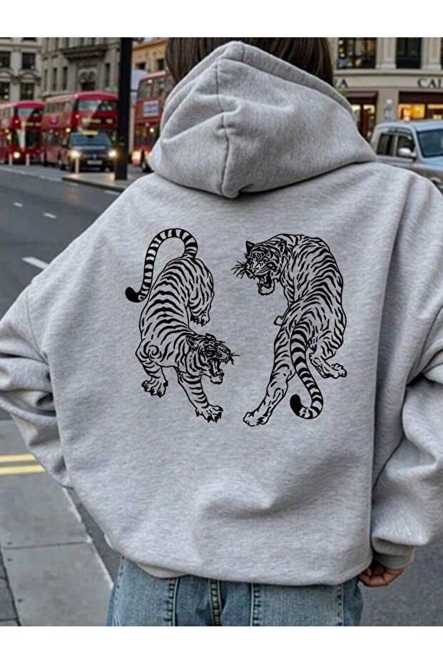 Women's Gray Tigers Printed 3 Thread Hoodie Sweatshirt