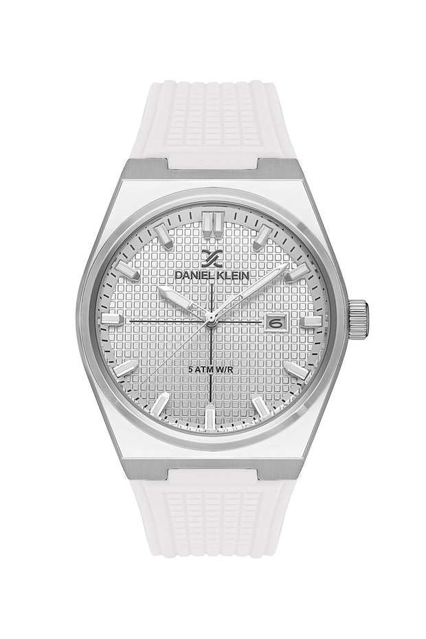 Iconic Metallic Design Men's Wrist Watch with White Silicone Band Calendar