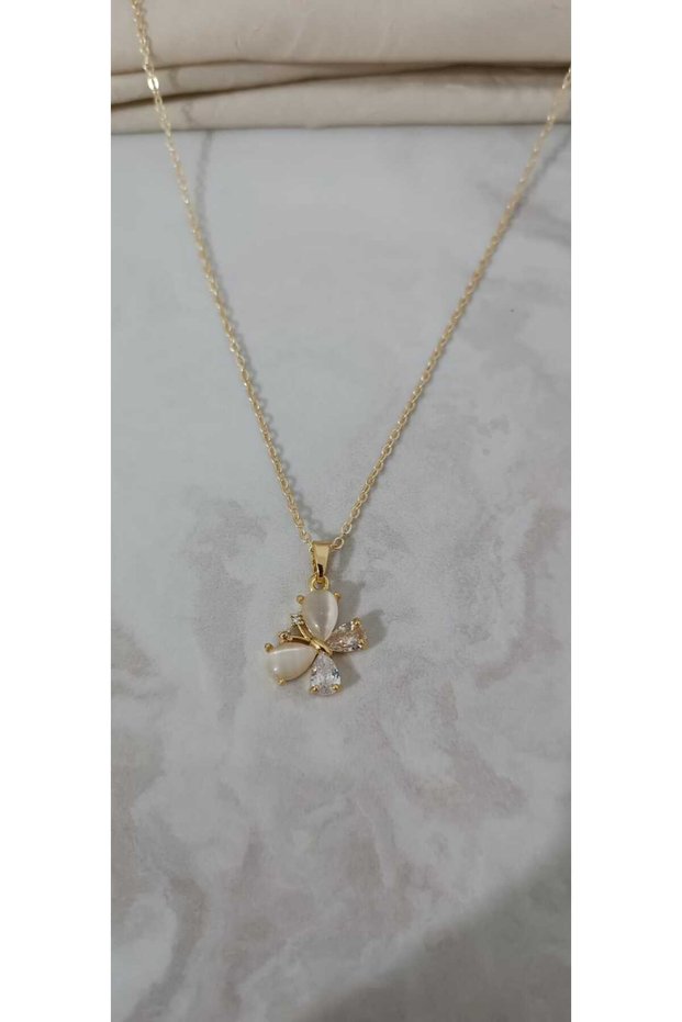 Gold Colored Stone Butterfly Figured Women's Necklace