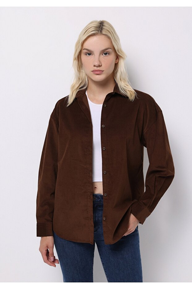 Regular Fit Shirt Neck Plain Women's Brown Long Sleeve Shirt