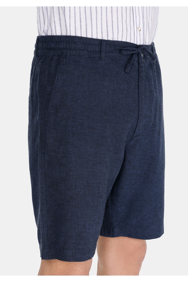 Regular Fit Orta Bel Düz Erkek Keten Karışımlı Lacivert Şort - 4