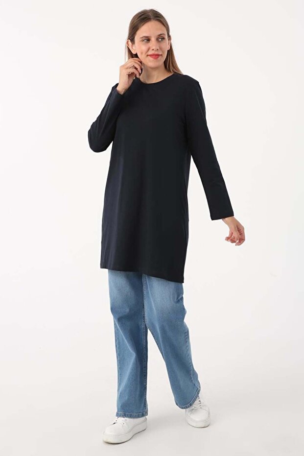 Lacivert-Basic Pamuklu Süprem Sweat Tunik - 1
