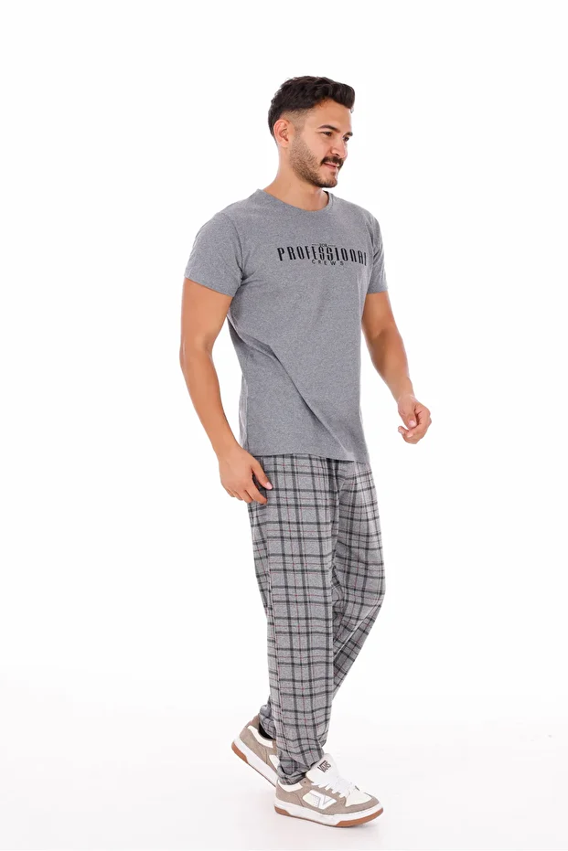 Erkek Ekose Baskılı Pamuklu Kısa Kollu Pijama Takımı - 1
