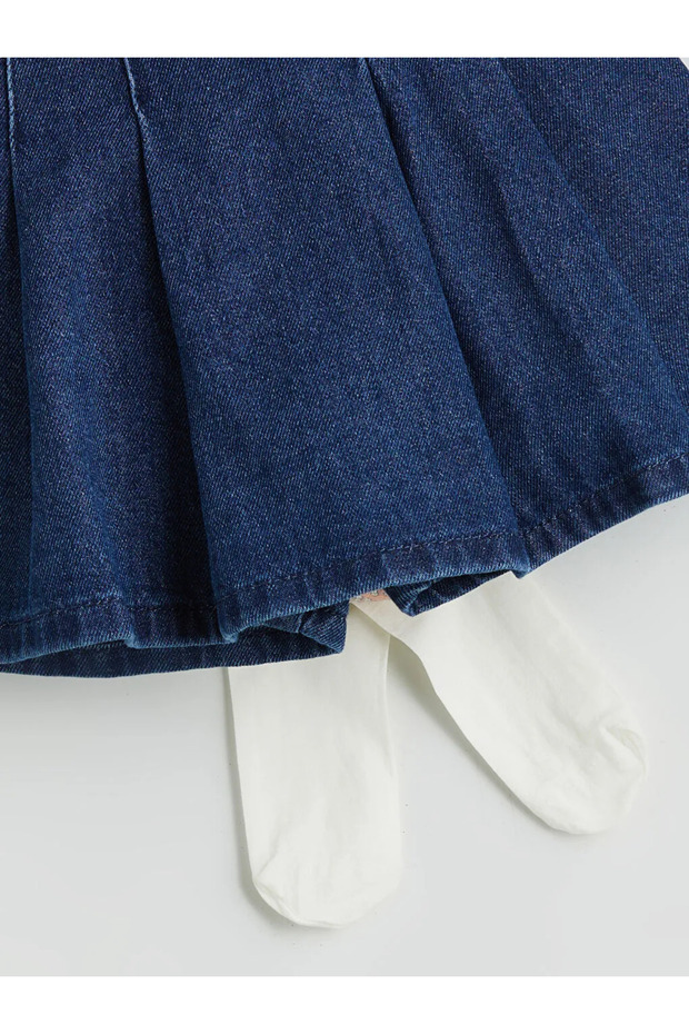 LCW Kids Indigo Beli Lastikli Kız Çocuk Jean Şort Etek Ve Külotlu Çorap 2'li - 3