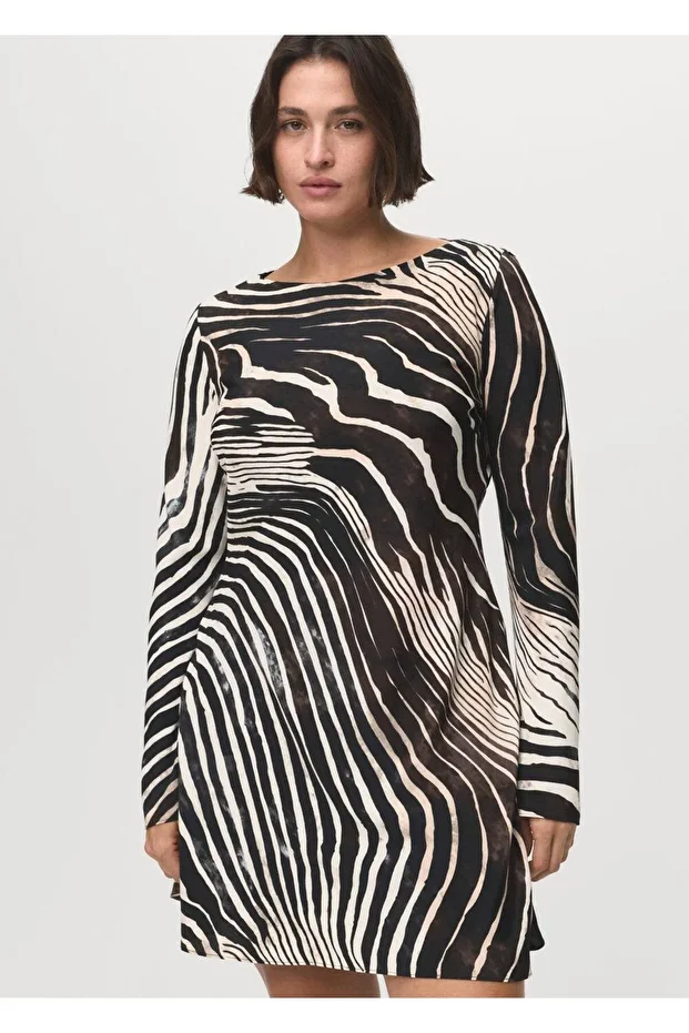 Zebra desenli çan kollu elbise - 5