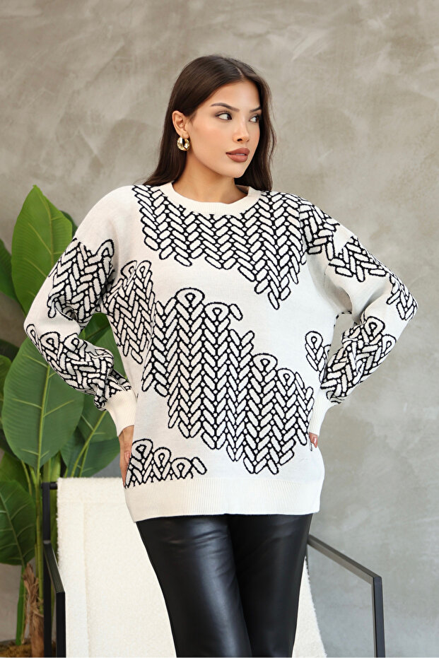 Round Crew Neck Long Sleeve Knitted Bowknot Jacquard Pattern Winter Stylish Knitwear Sweater