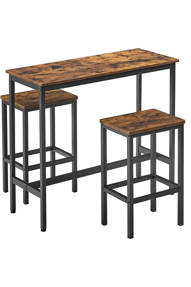 Bar table set with 2 stools, steel frame, wooden top, industrial design, 100x40x90cm, rustic - 1
