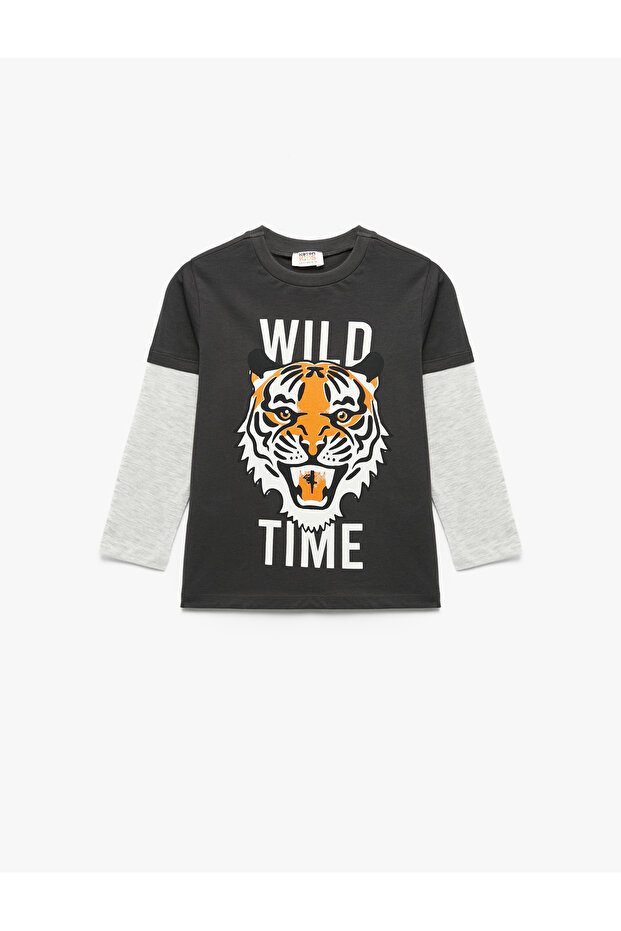 Long Sleeve Crew Neck Tiger Print Cotton T-Shirt