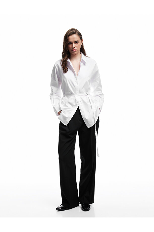 Cotton Classic Collar Belt Detail Long Sleeve Poplin Shirt