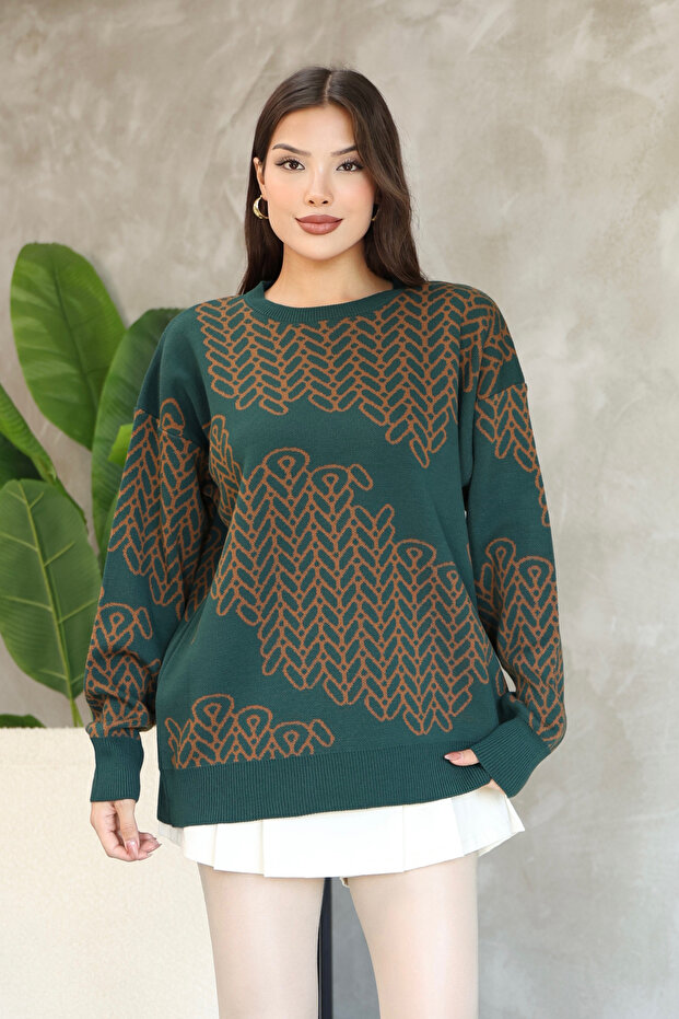 Round Crew Neck Long Sleeve Knitted Bowknot Jacquard Pattern Winter Stylish Knitwear Sweater
