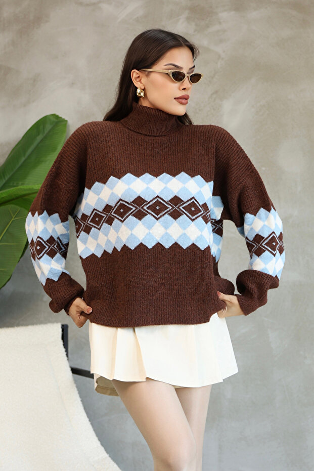 Turtleneck Long Sleeve Ankle Elastic Loose Comfortable Wide Fit Argyle Jacquard Pattern Winter Knitwear Sweater