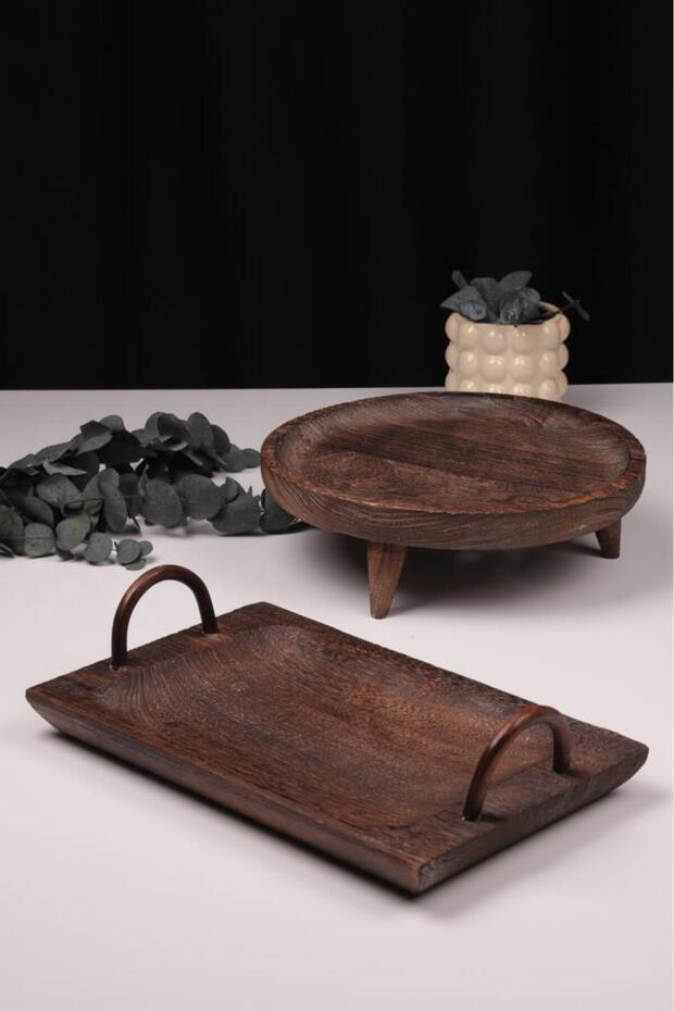 2 Piece Pavlonya Elegant Wooden Presentation and Serving Set – Rectangular and Round Serving Table with Handles - 1