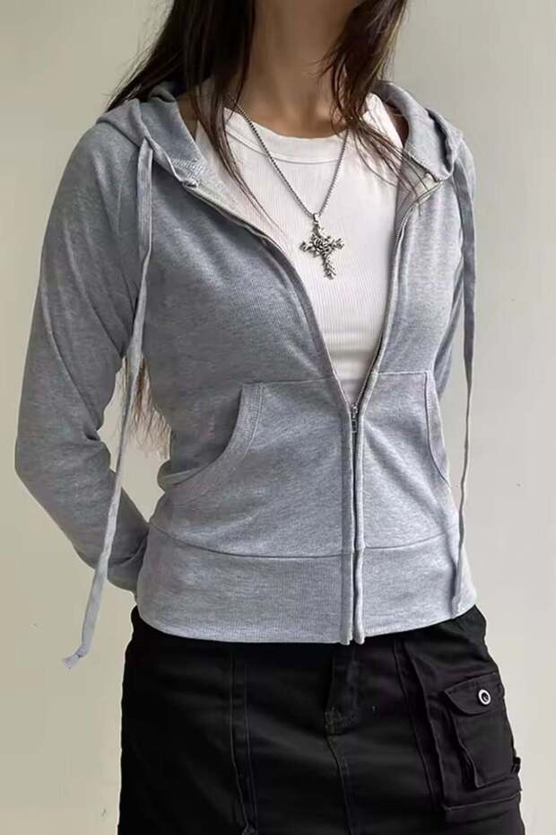 Basic Fermuarlı Kapüşonlu 3 İplik Sweatshirt - 1