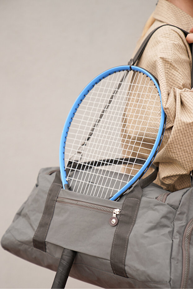 Orivina Gray Crinkle Fabric Sports and Travel Bag with Shoe Compartment and Front Pocket, Waterproof Shoulder Strap