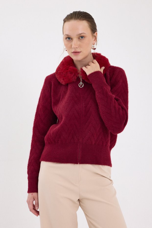 Burgundy Collar Fur Detailed Women's Cardigan 6680