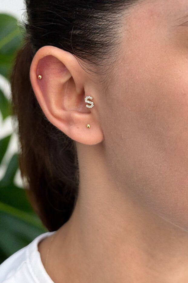 14 AYAR TAŞLI S HARFİ TRAGUS VE HELİX KÜPE - 1