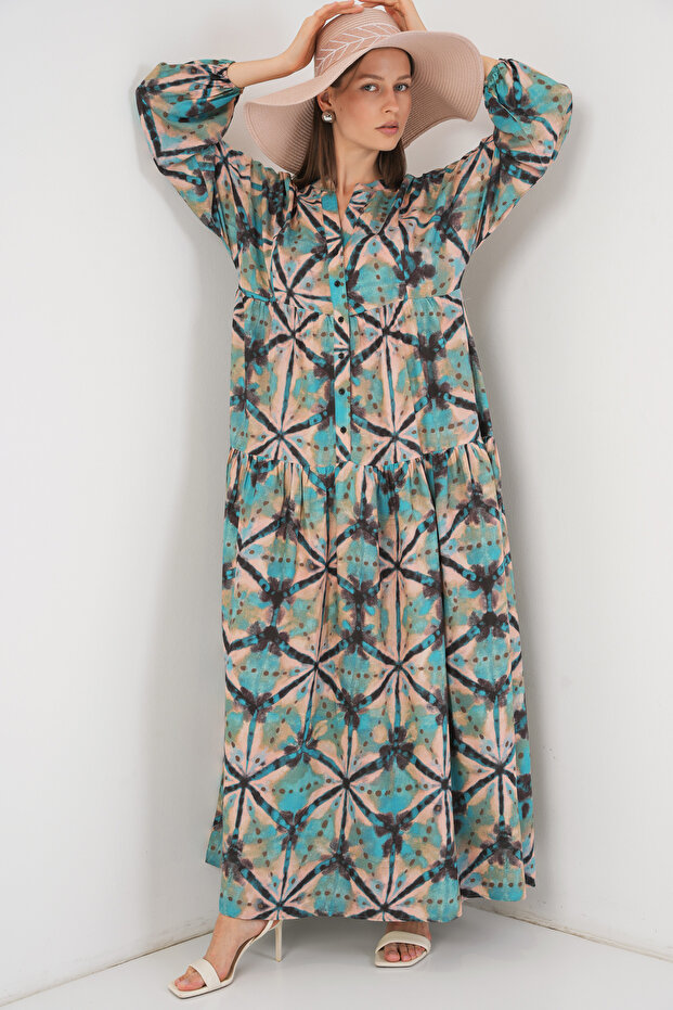 Women's Patterned Long Hijab Dress D.Mint 1155