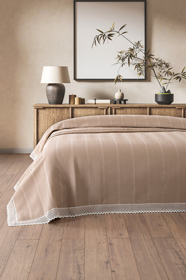 Single Two Color Kopanaki Lace Honeycomb Pique - Waffle Woven -160X230 Cm-Cappuccino
