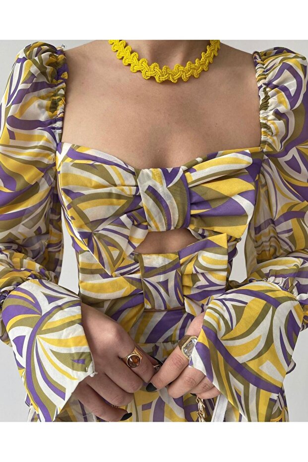 İki Renk Mini Elbise 1049 - Sarı - 3