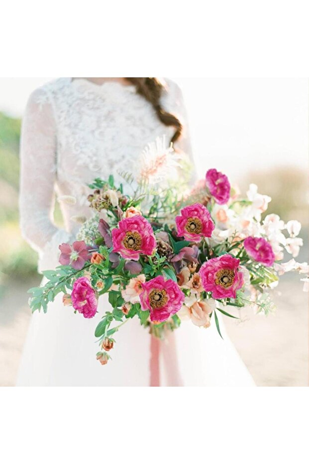 Yapay Çiçek Gelincik Çiçeği Fuşya Renk 3 Çiçek 1 Tomurcuk 59Cm - 4