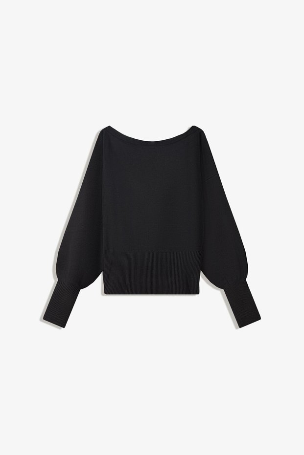 Women's Asymmetrical Boat Neck Trendy Rib Cut Popular Black Knitwear Sweater