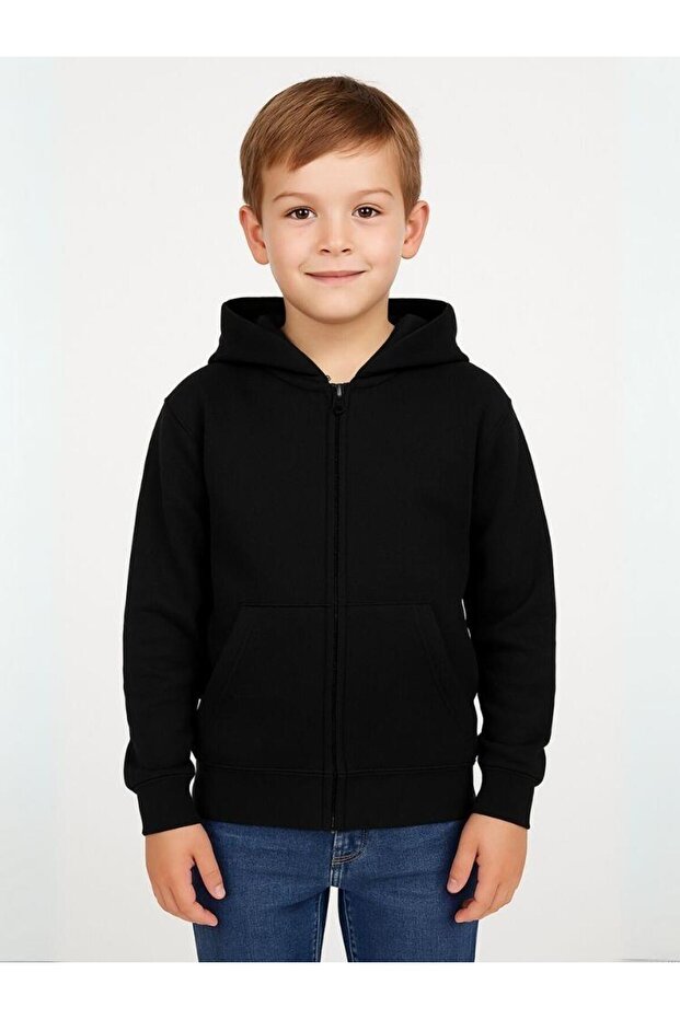 Children's Zippered Thin Seasonal Basic Hooded School Cardigan