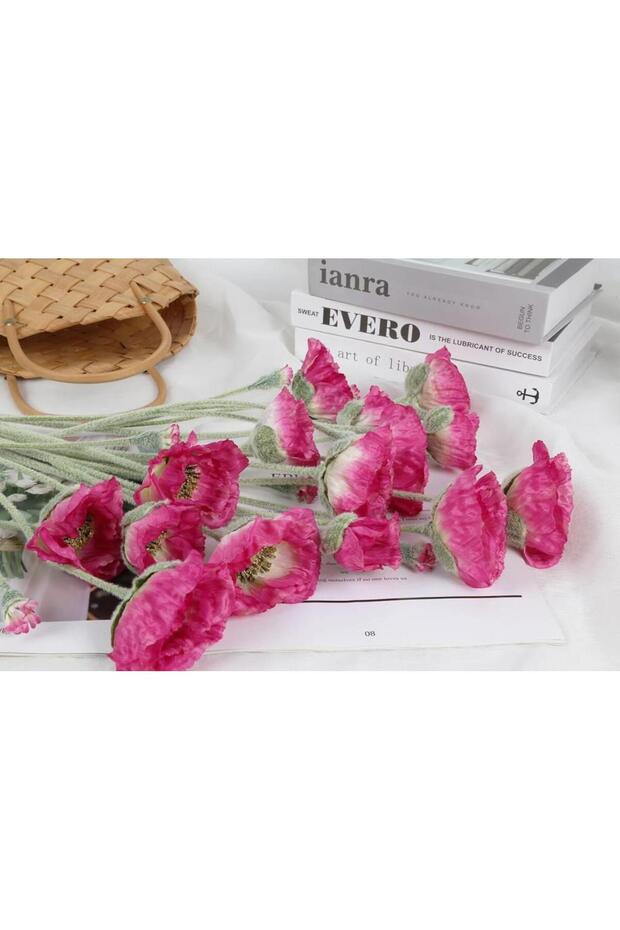 Yapay Çiçek Gelincik Çiçeği Fuşya Renk 3 Çiçek 1 Tomurcuk 59Cm - 7