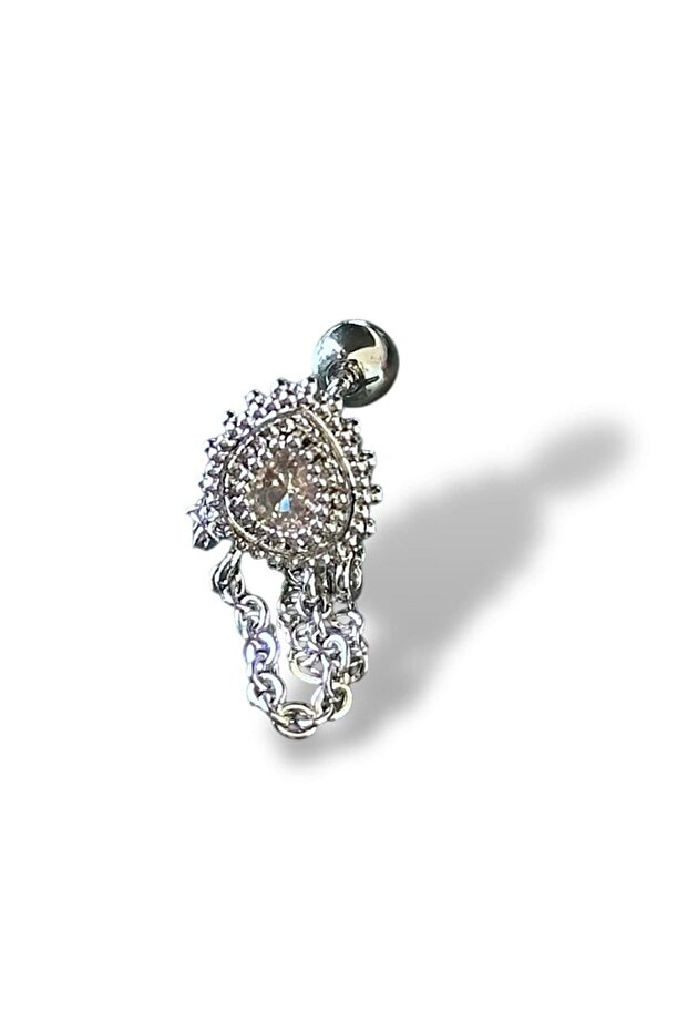 Gümüş Renk Taş Detaylı Çelik Tragus/Kıkırdak Küpe/Piercing (Tek) - 2