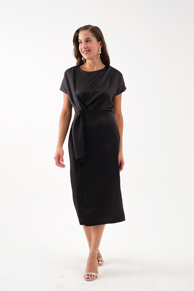 Women's Black Slim Fit Slit Midi Satin Dress