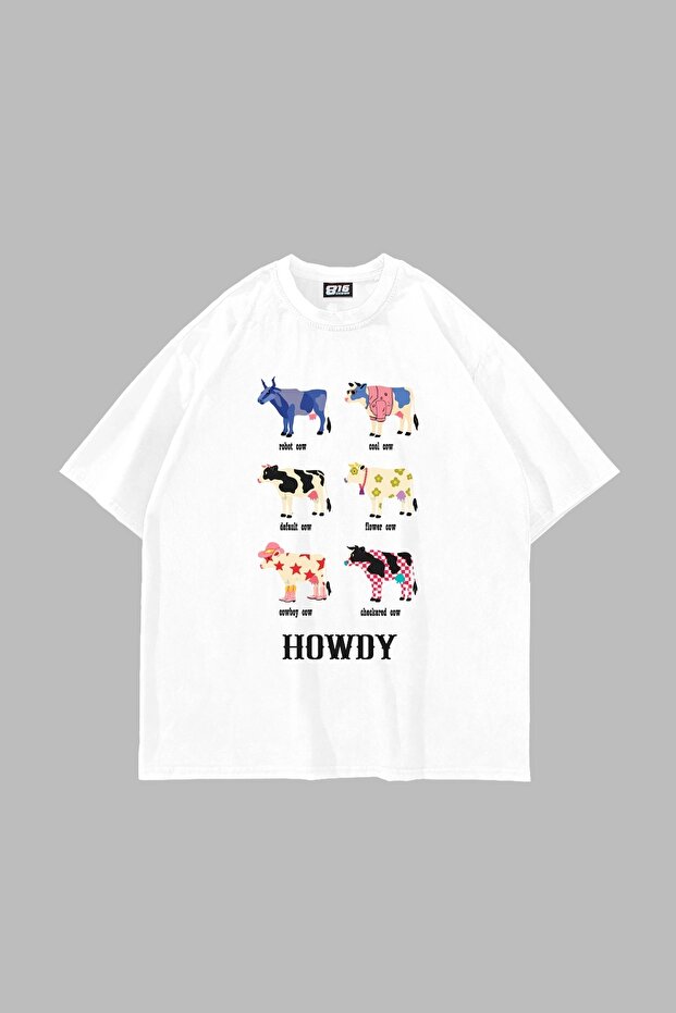تي شيرت أبيض كبير الحجم مطبوع عليه Howdy Cows للجنسين