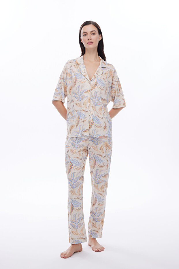 Kadın Viscose Kısa Kollu Gömlek Uzun Pijama Takımı - 1