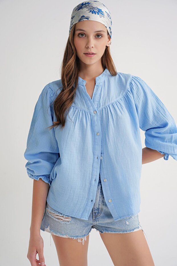 4733 Women's Drawstring Long Sleeve Muslin Shirt Baby Blue