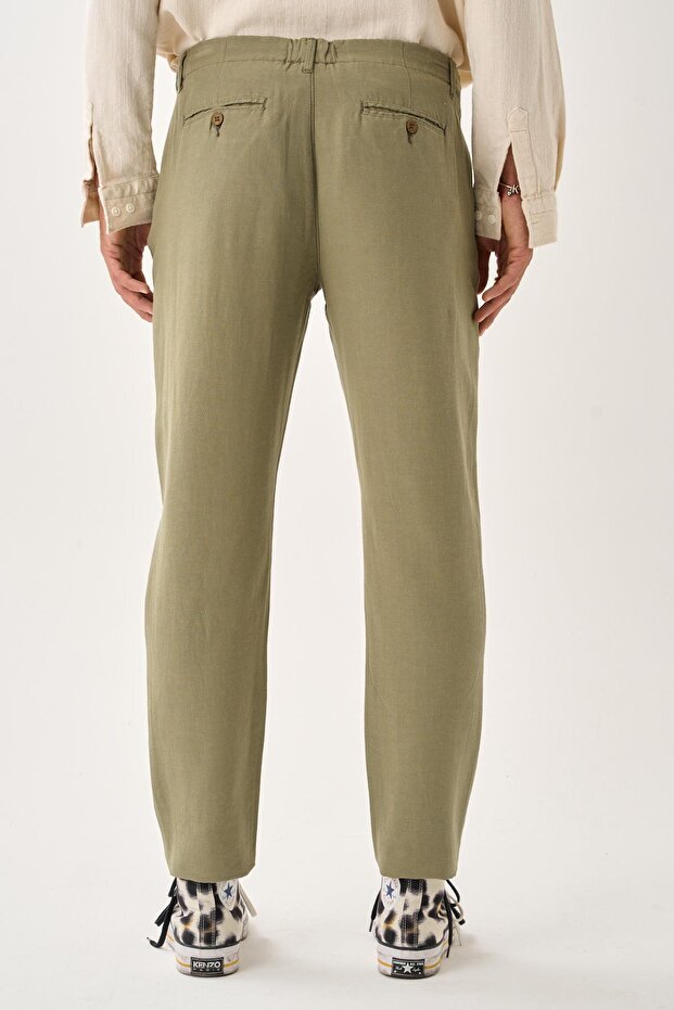 Regular Fit Elastic Waist Linen Trousers - 4