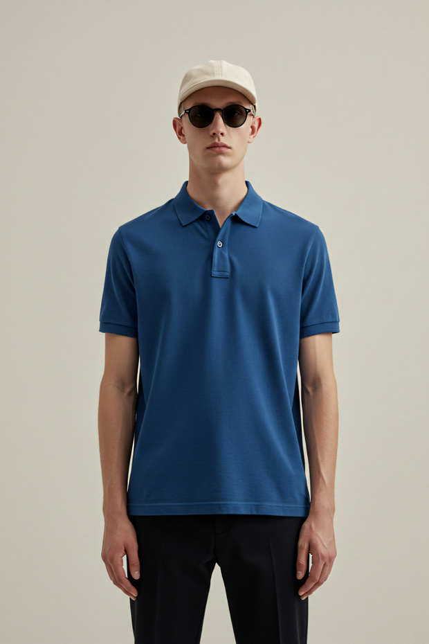 Men's Indigo 100% Cotton Non-Curling Pique Polo Neck Slim Fit Slim Fit T-Shirt