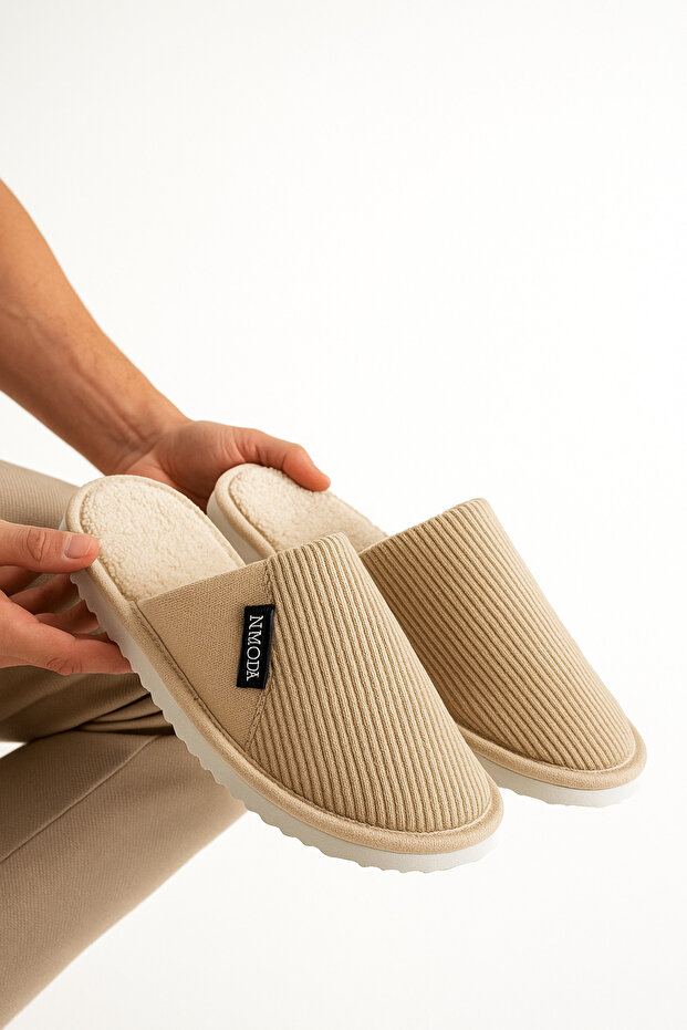 Unisex Indoor Slippers Non-Slip Ribbed Fabric Comfortable Model Stylish and Comfortable Indoor Slippers Semi-Leather