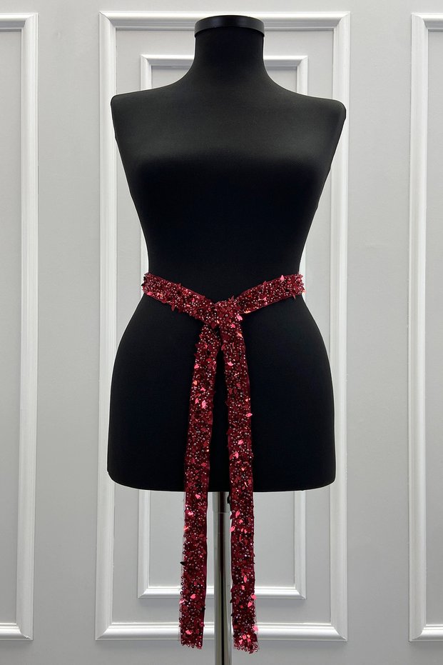 Burgundy Bridal Sash, Bridal Ribbon with Sequins and Pearls, Bridal Waist Belt, Sister Sash