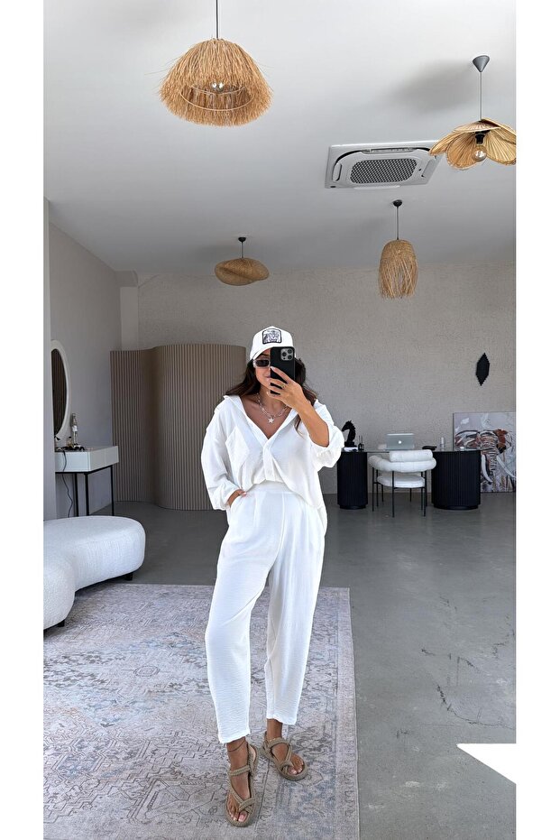 Beyaz Aerobin Harem Pantolon - 1