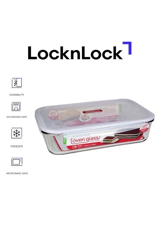 LocknLock Oven Glass Rectangular Food Container 3.6L Airtight with 4-Side Locking Lid, Microwave &