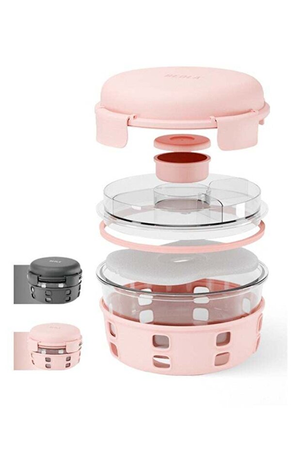 Lunch Box, Food Container with Ice Pack, Sauce Cup, 3 Compartment Tray, Borosilicate BPA Free Glass