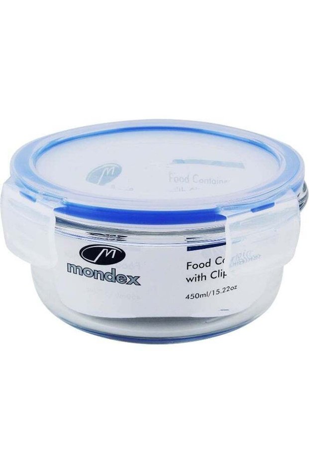 Mondex 450Ml Round Glass Food Storage Container With Blue Lid