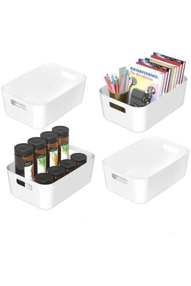 Plastic Storage Bins, Durable Storage Basket Cabinet Organizer with Handles, Pantry Organization an