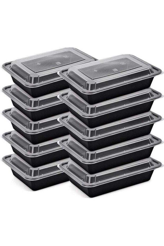 Alsaqer [10 Pack] Compartment Black Base with Lids Food Storage Container (32 oz) | Disposable Food