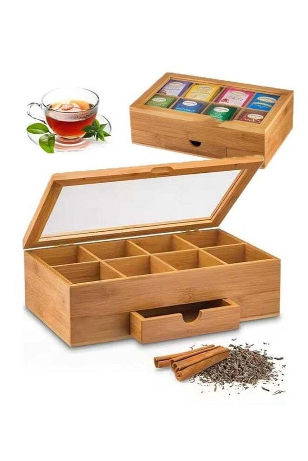 Bamboo Tea Box Storage Organizer with Drawer and Clear Acrylic Window Magnet Lid Large Tea Organize