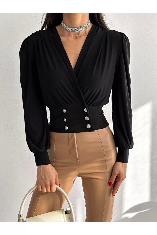 Women's Black Double Breasted Collar Waist Stone Button Bodice Long Sleeve Body Blouse