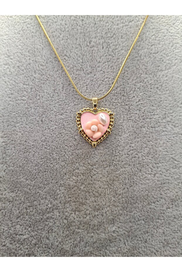 Gold Color Special Embossed Enamel Pink Heart Model Steel Necklace