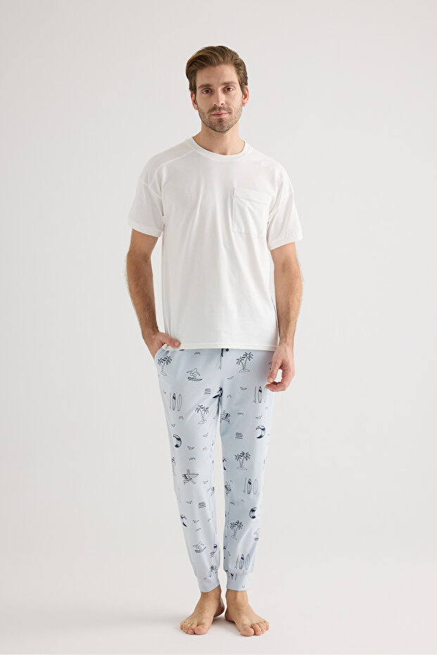 Erkek Pamuklu Kısa Kollu Uzun Pijama Takımı - 1