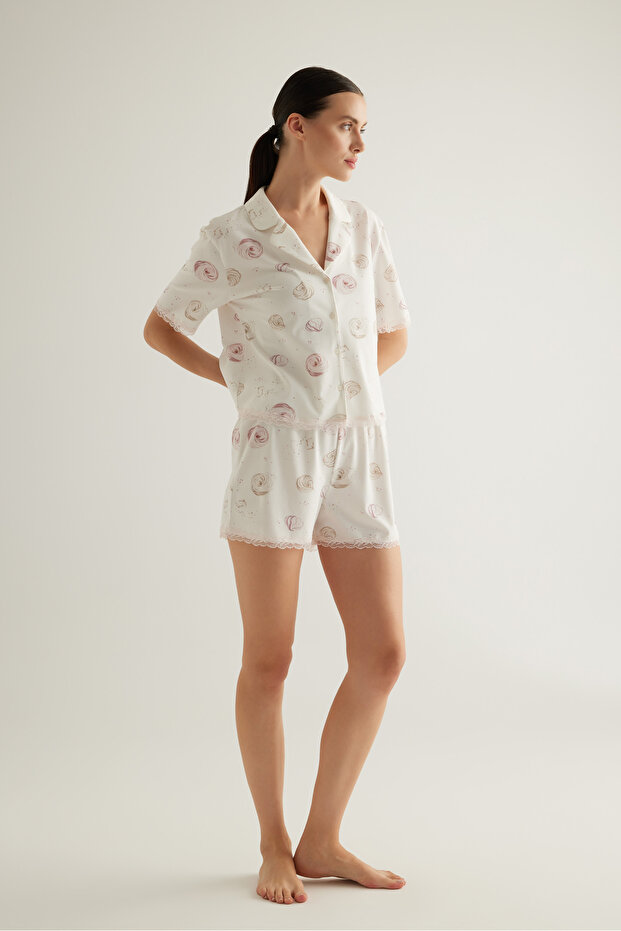 Kadın Pamuklu Kısa Kollu Gömlek Şortlu Pijama Takımı - 3